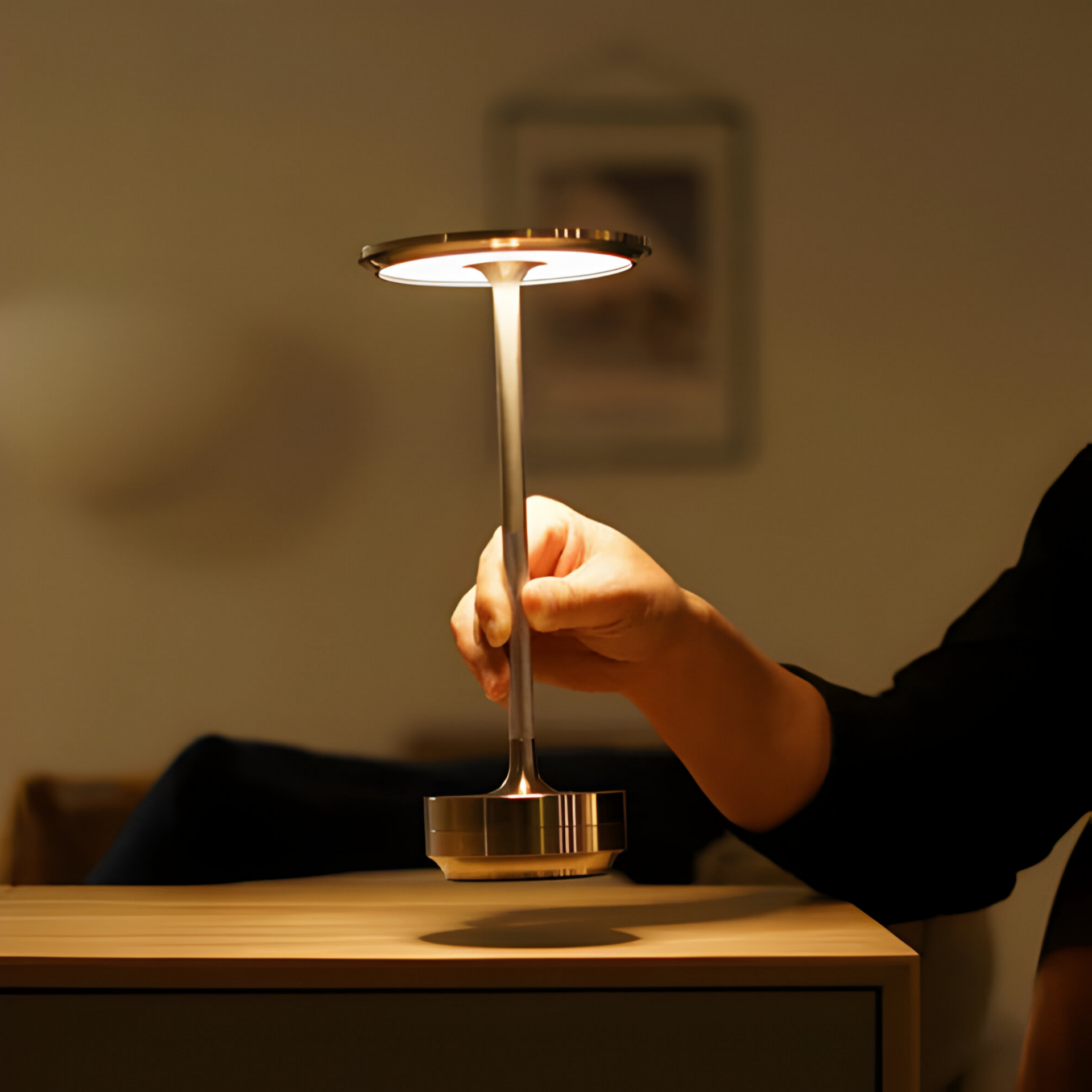 Lampada da Tavolo LED Ricaricabile con Testa di Luce a Disco e Base in Metallo