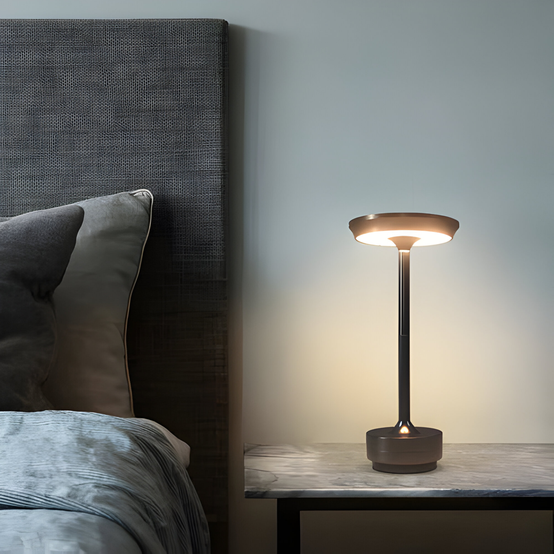 Lampada da Tavolo LED Ricaricabile con Testa di Luce a Disco e Base in Metallo