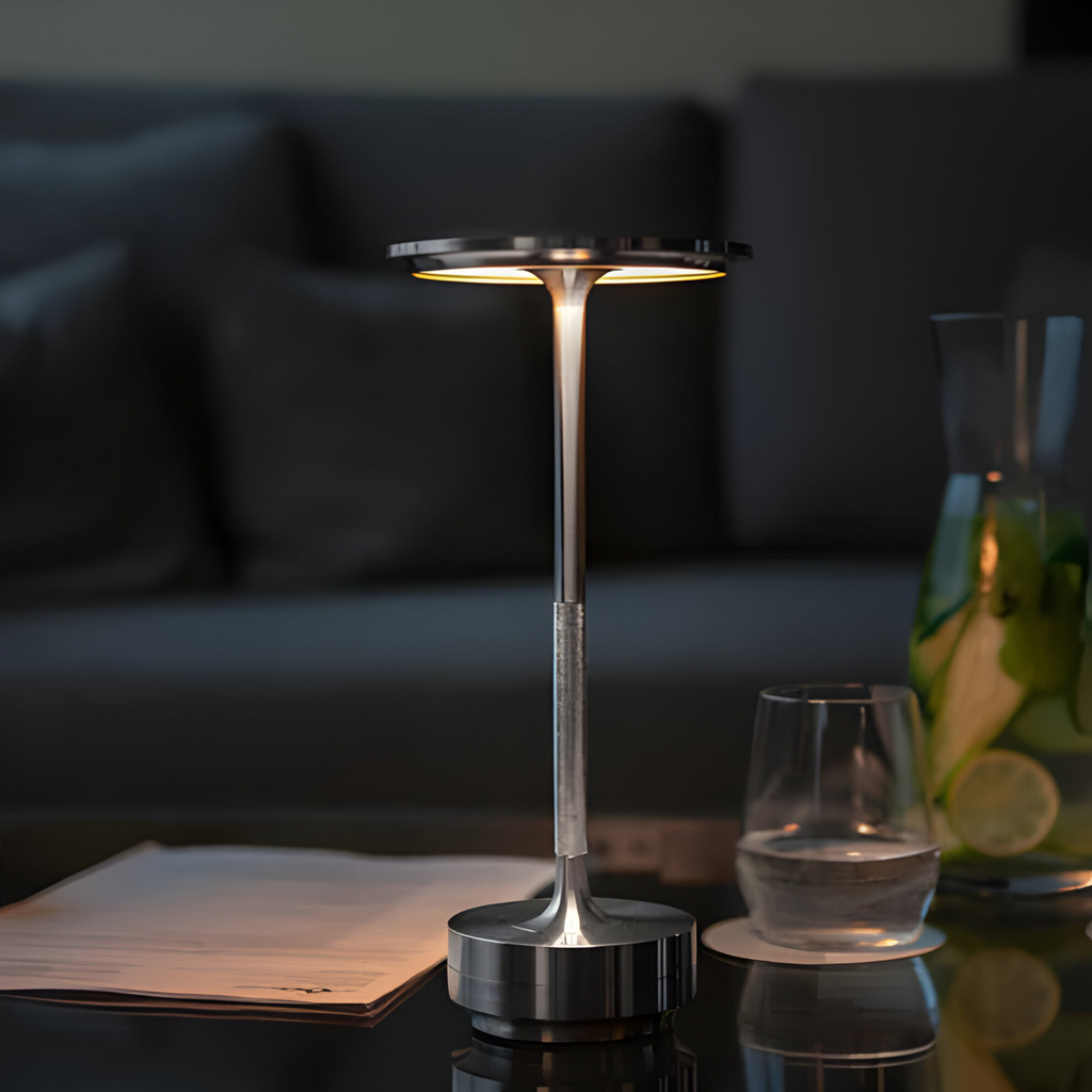 Lampada da Tavolo LED Ricaricabile con Testa di Luce a Disco e Base in Metallo