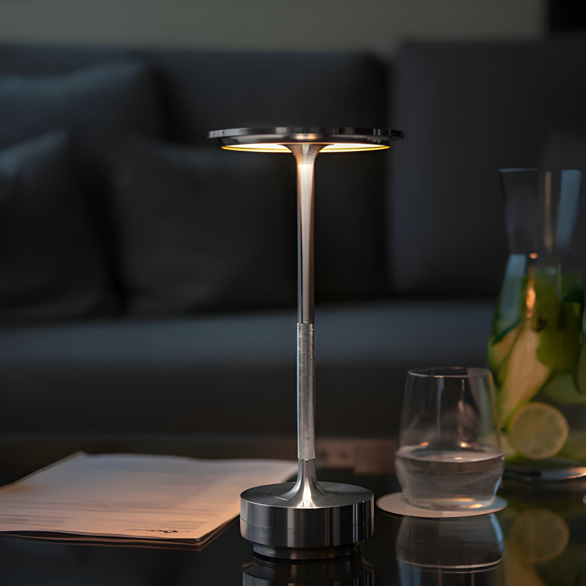 Lampada da Tavolo LED Ricaricabile con Testa di Luce a Disco e Base in Metallo