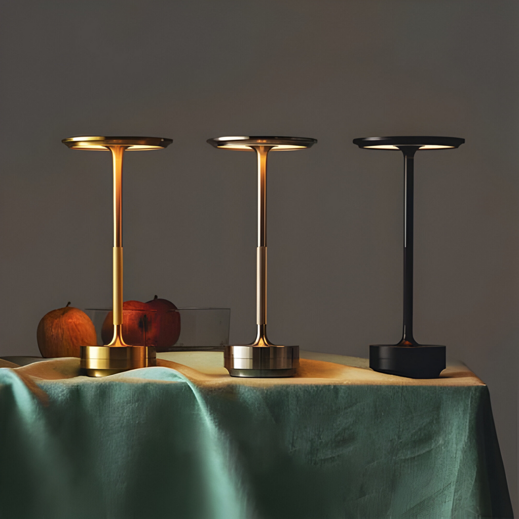 Lampada da Tavolo LED Ricaricabile con Testa di Luce a Disco e Base in Metallo