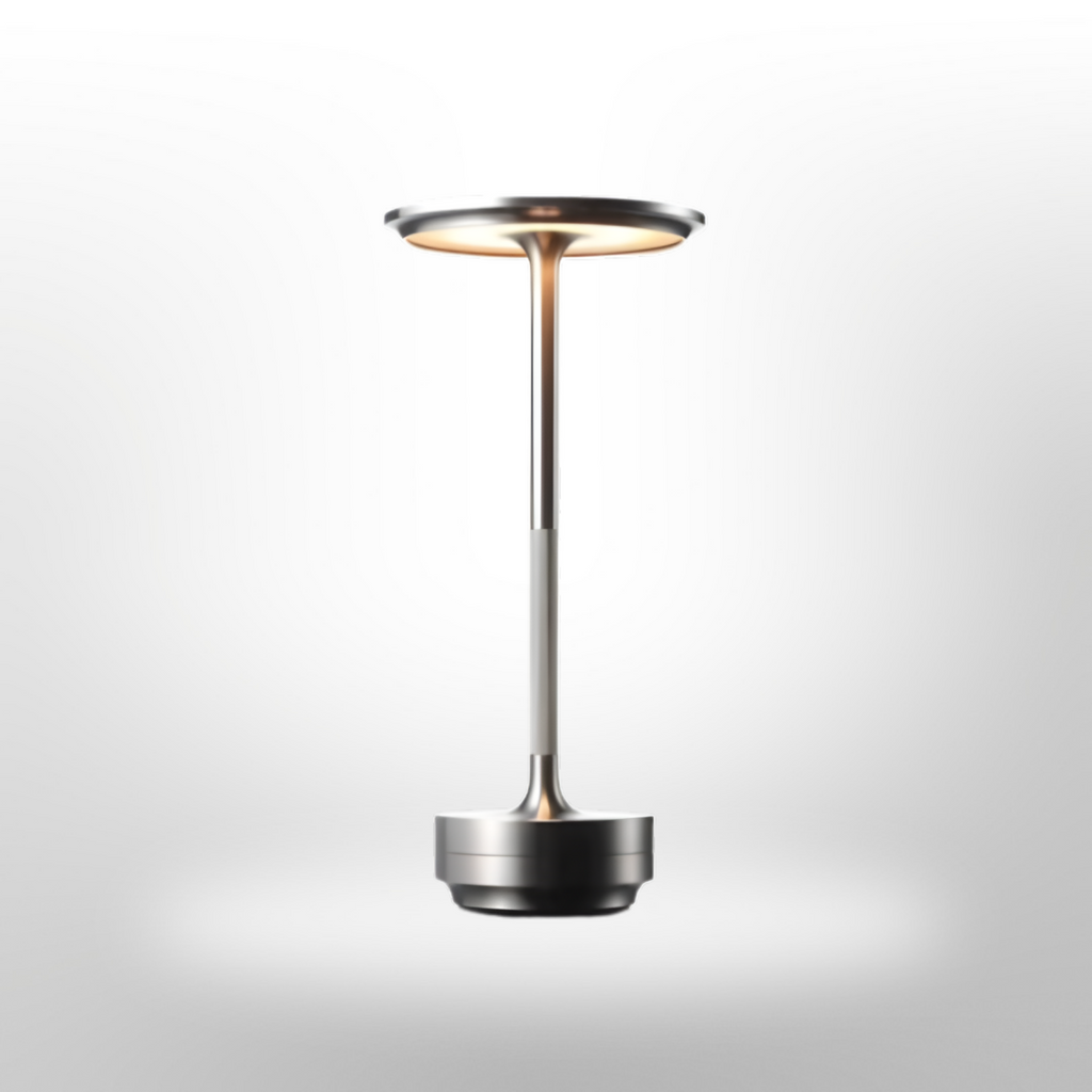 Lampada da Tavolo LED Ricaricabile con Testa di Luce a Disco e Base in Metallo