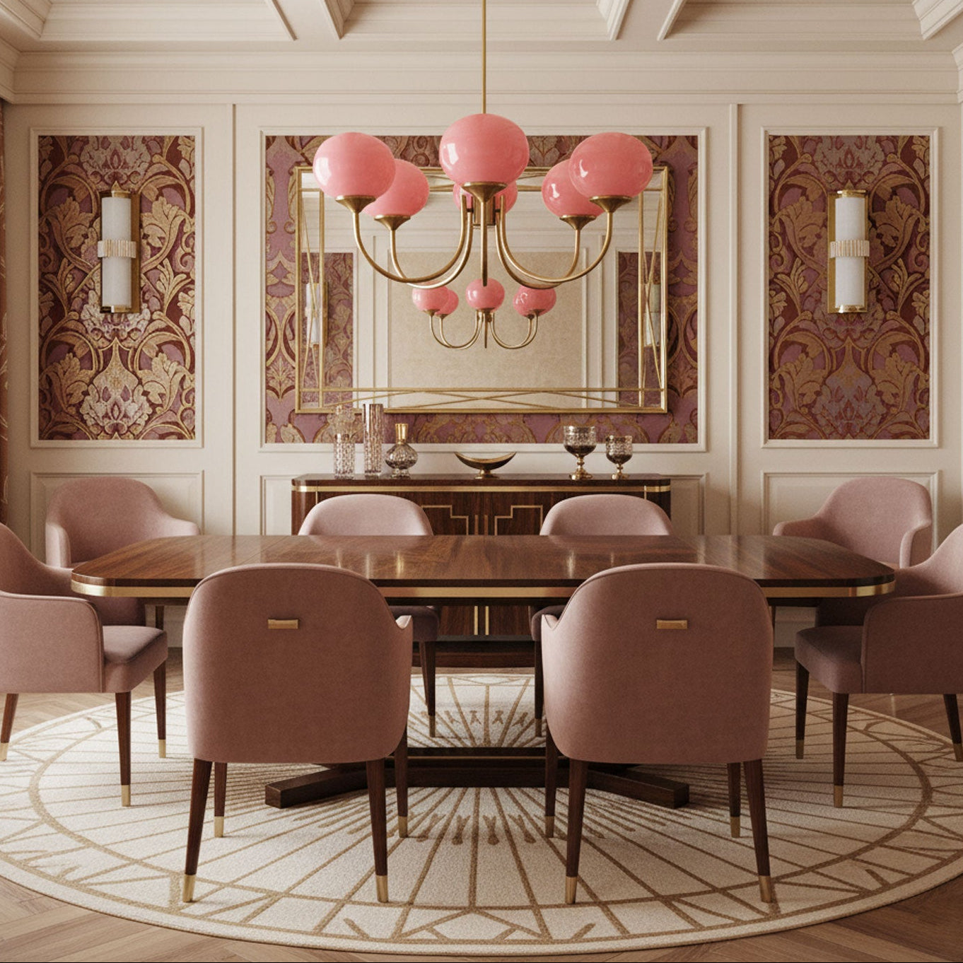Aurevella | Lampadario Moderno Glam con Paralumi in Vetro Rosa per Spazi di Ristorazione e Camera da Letto