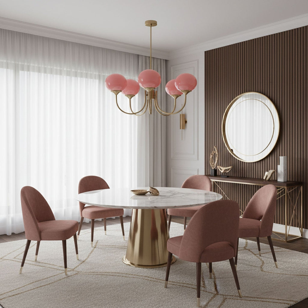 Aurevella | Lampadario Moderno Glam con Paralumi in Vetro Rosa per Spazi di Ristorazione e Camera da Letto