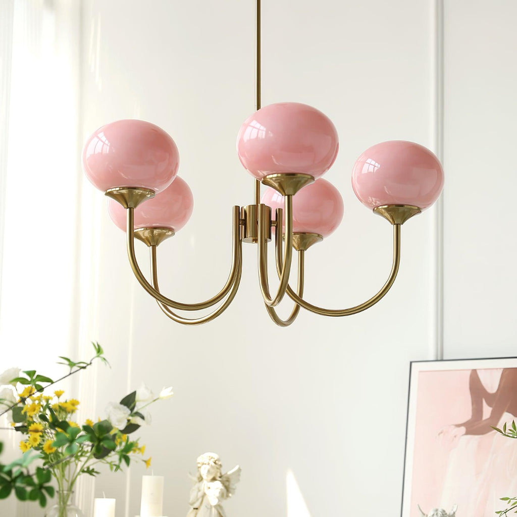 Aurevella | Lampadario Moderno Glam con Paralumi in Vetro Rosa per Spazi di Ristorazione e Camera da Letto