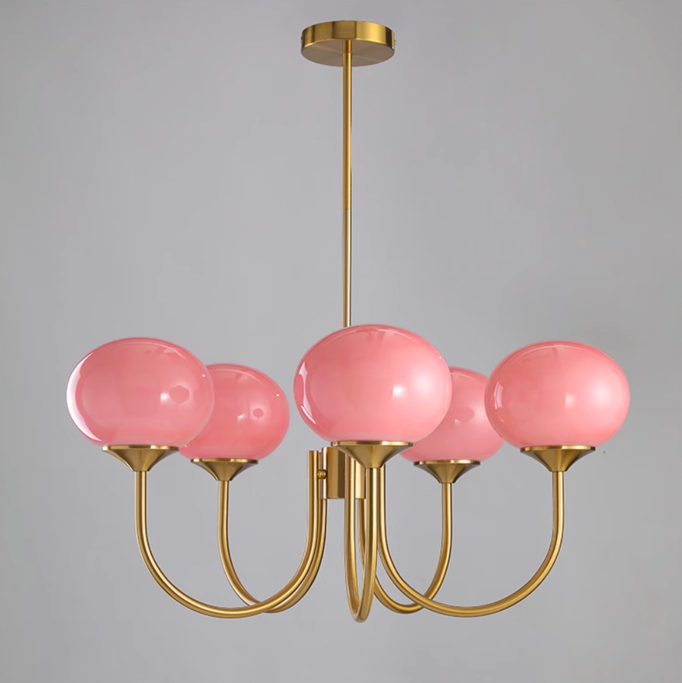 Aurevella | Lampadario Moderno Glam con Paralumi in Vetro Rosa per Spazi di Ristorazione e Camera da Letto