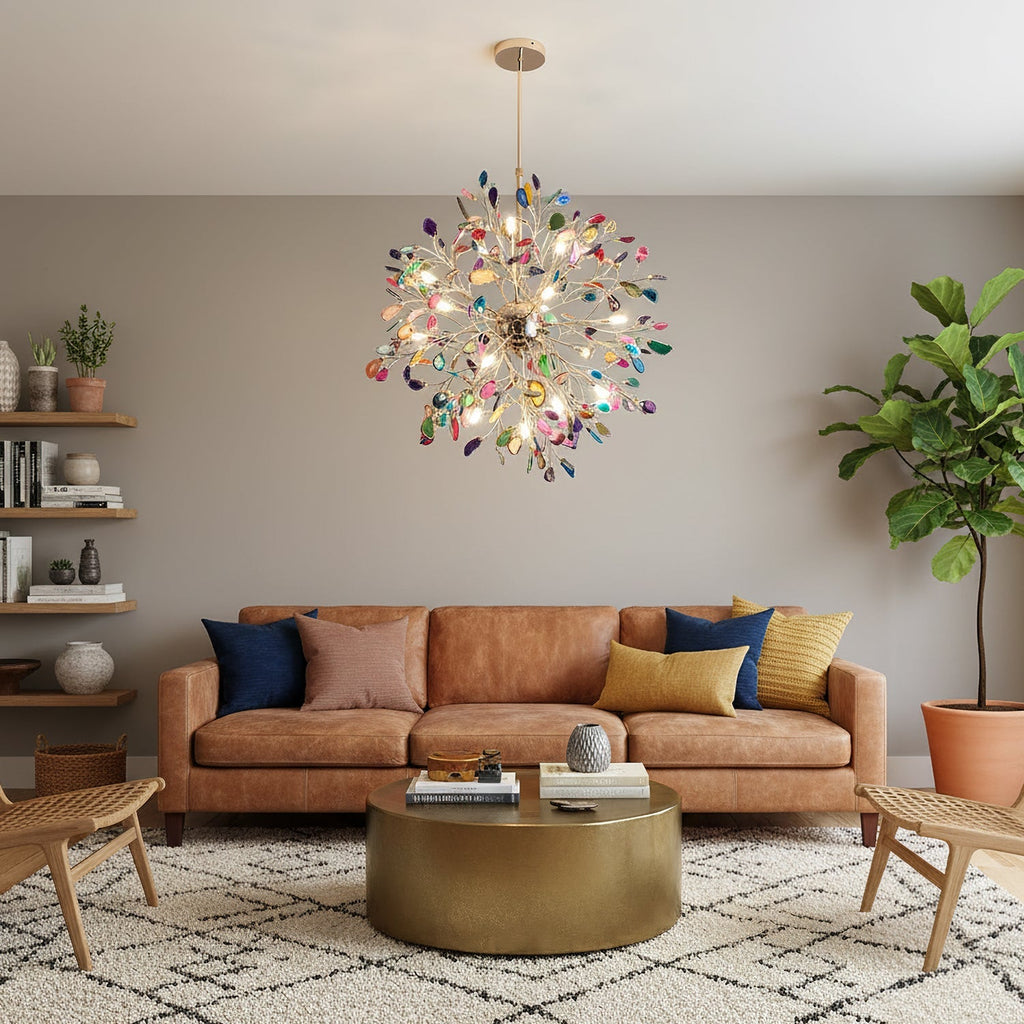 Norivana | Lampadario in Agata Naturale con Struttura Dorata per Ambienti Eleganti