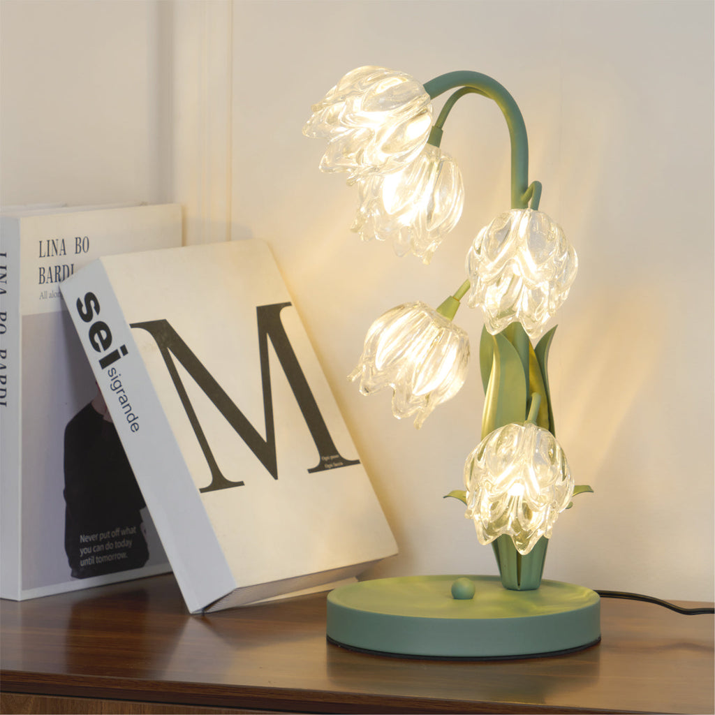 Norellea | Lampada da Tavolo in Vetro Floreale con Base Verde e Illuminazione G4