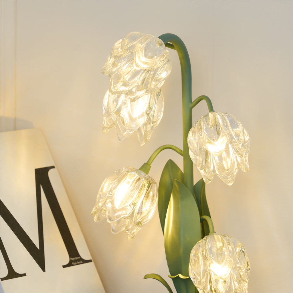 Norellea | Lampada da Tavolo in Vetro Floreale con Base Verde e Illuminazione G4