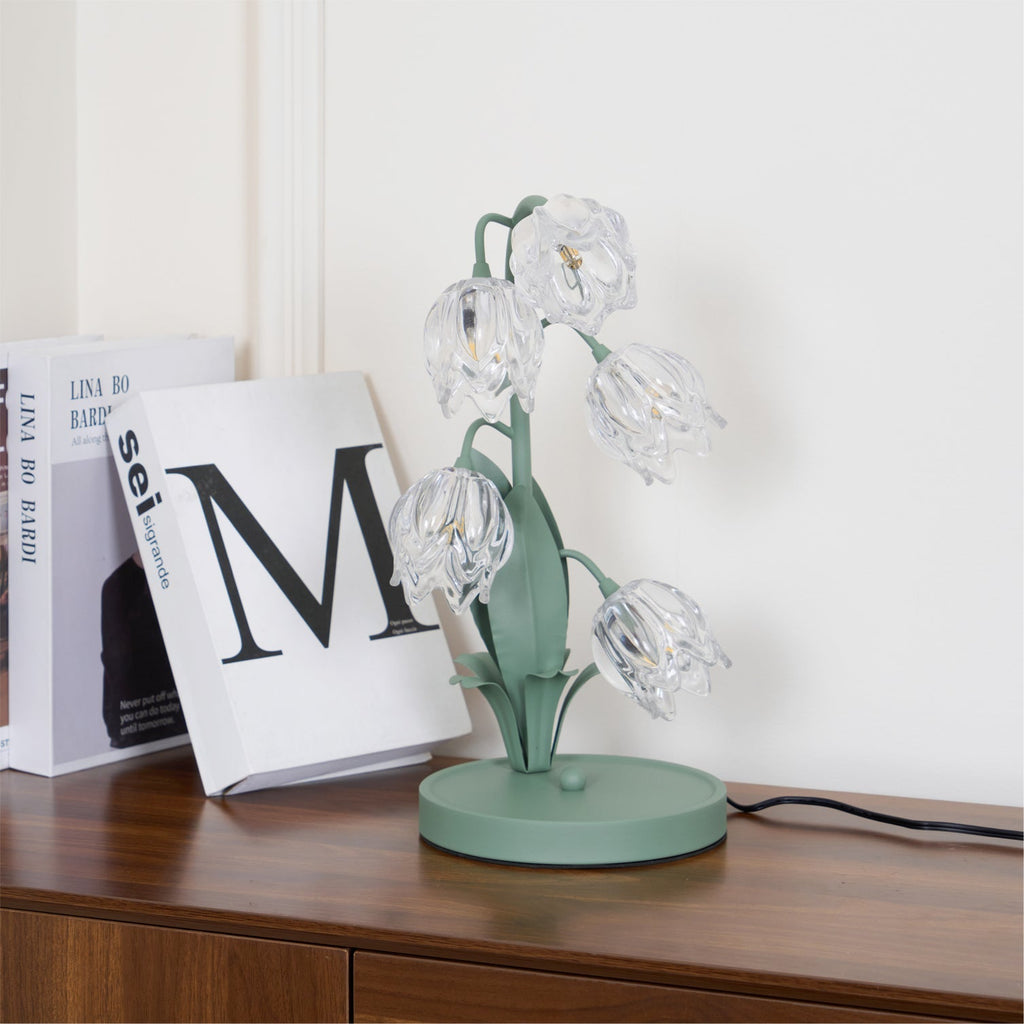 Norellea | Lampada da Tavolo in Vetro Floreale con Base Verde e Illuminazione G4