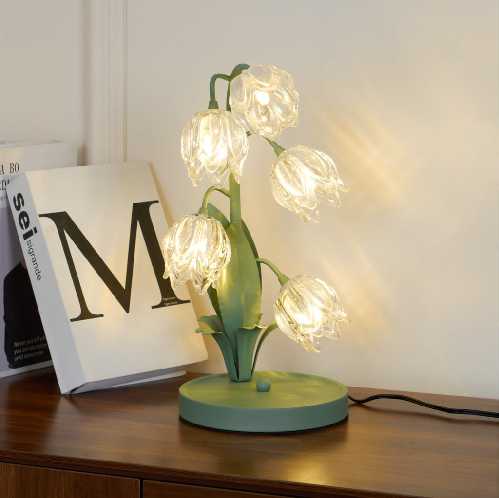 Norellea | Lampada da Tavolo in Vetro Floreale con Base Verde e Illuminazione G4