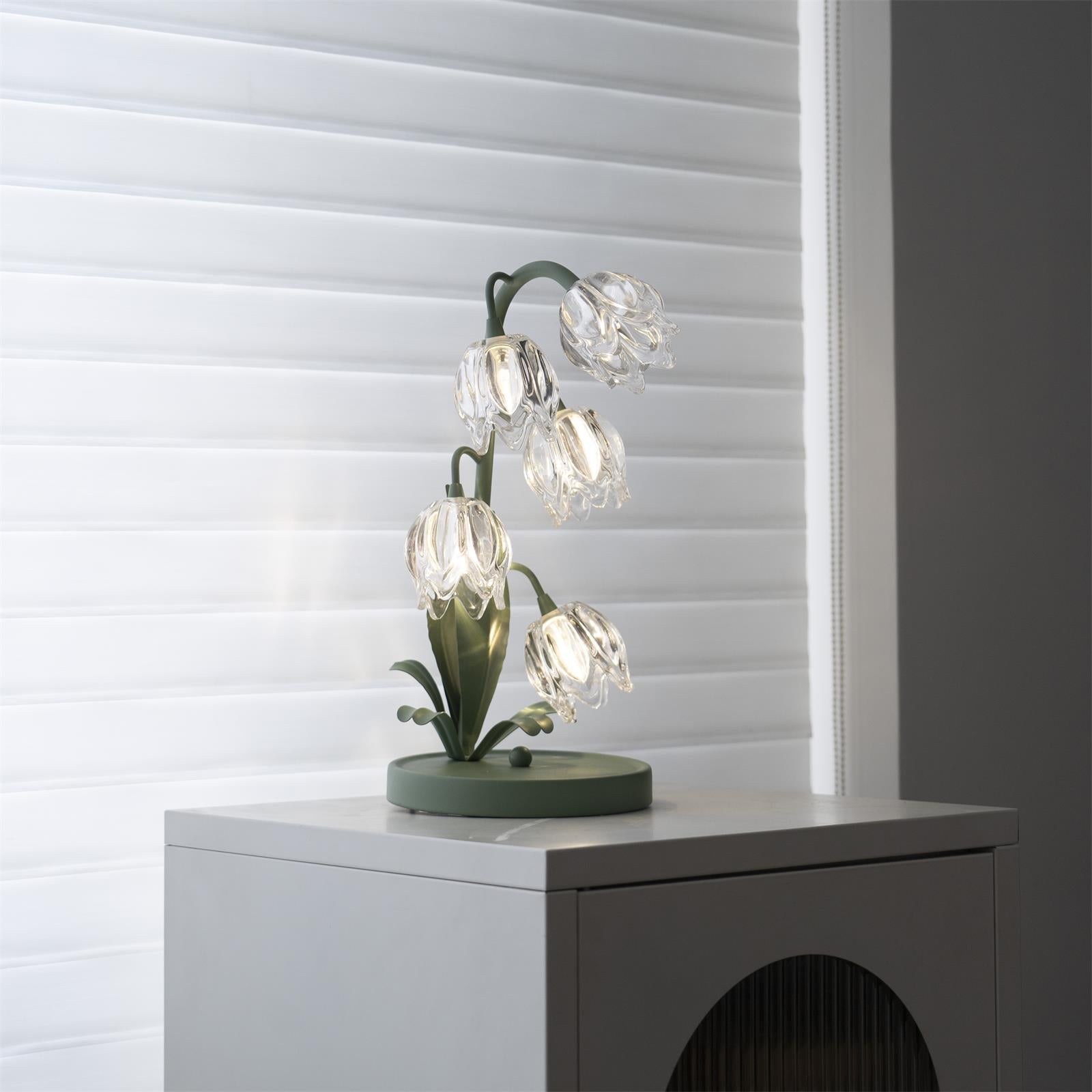 Norellea | Lampada da Tavolo in Vetro Floreale con Base Verde e Illuminazione G4