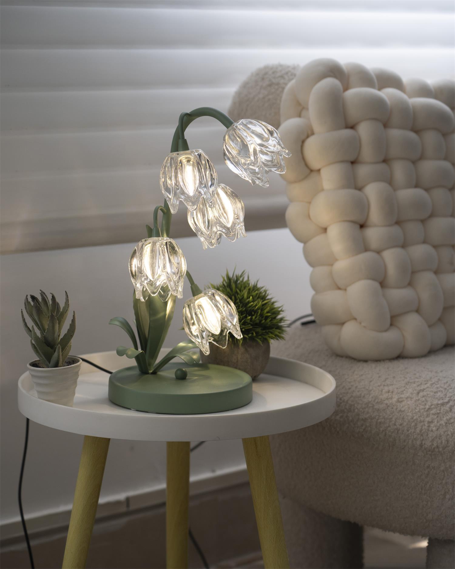 Norellea | Lampada da Tavolo in Vetro Floreale con Base Verde e Illuminazione G4