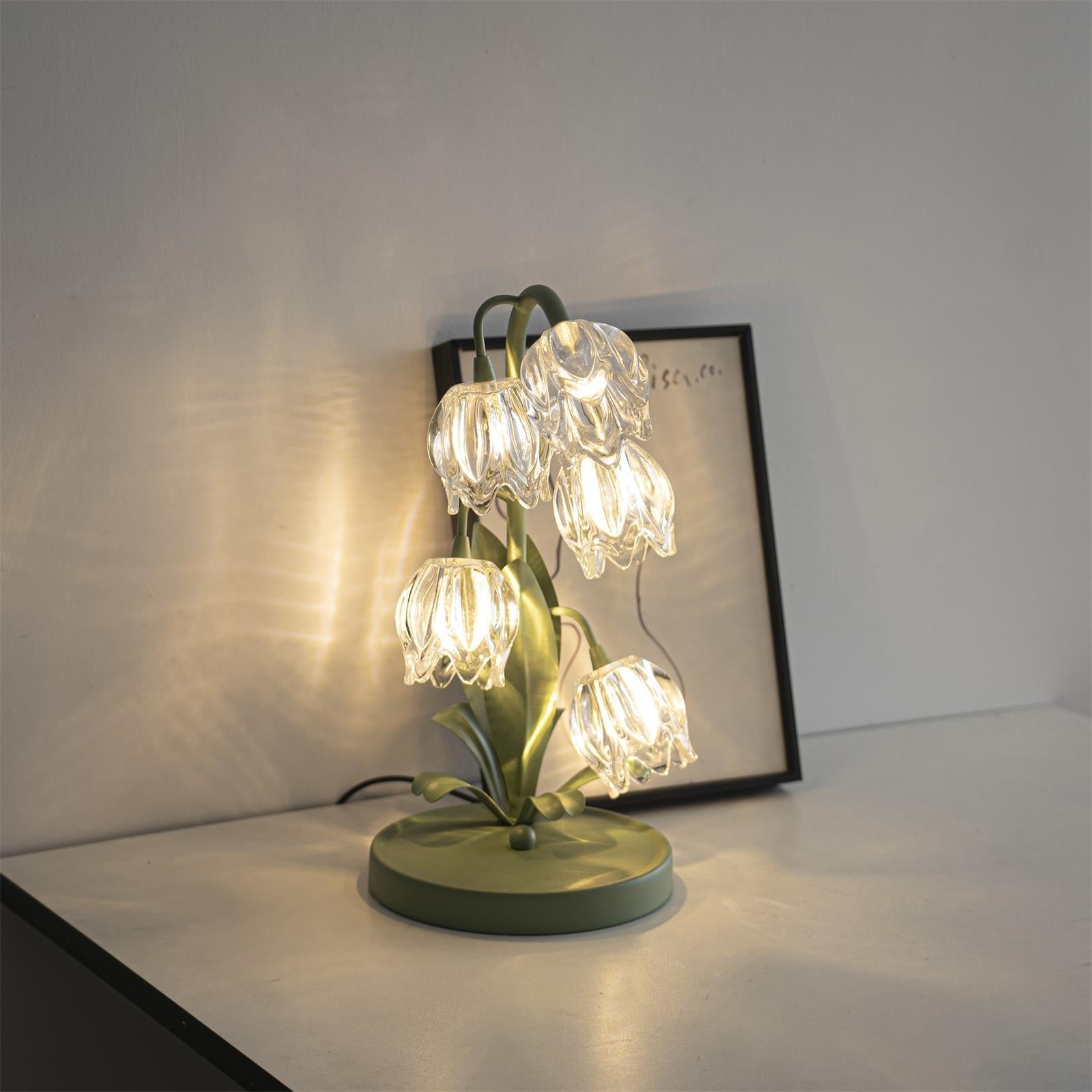 Norellea | Lampada da Tavolo in Vetro Floreale con Base Verde e Illuminazione G4