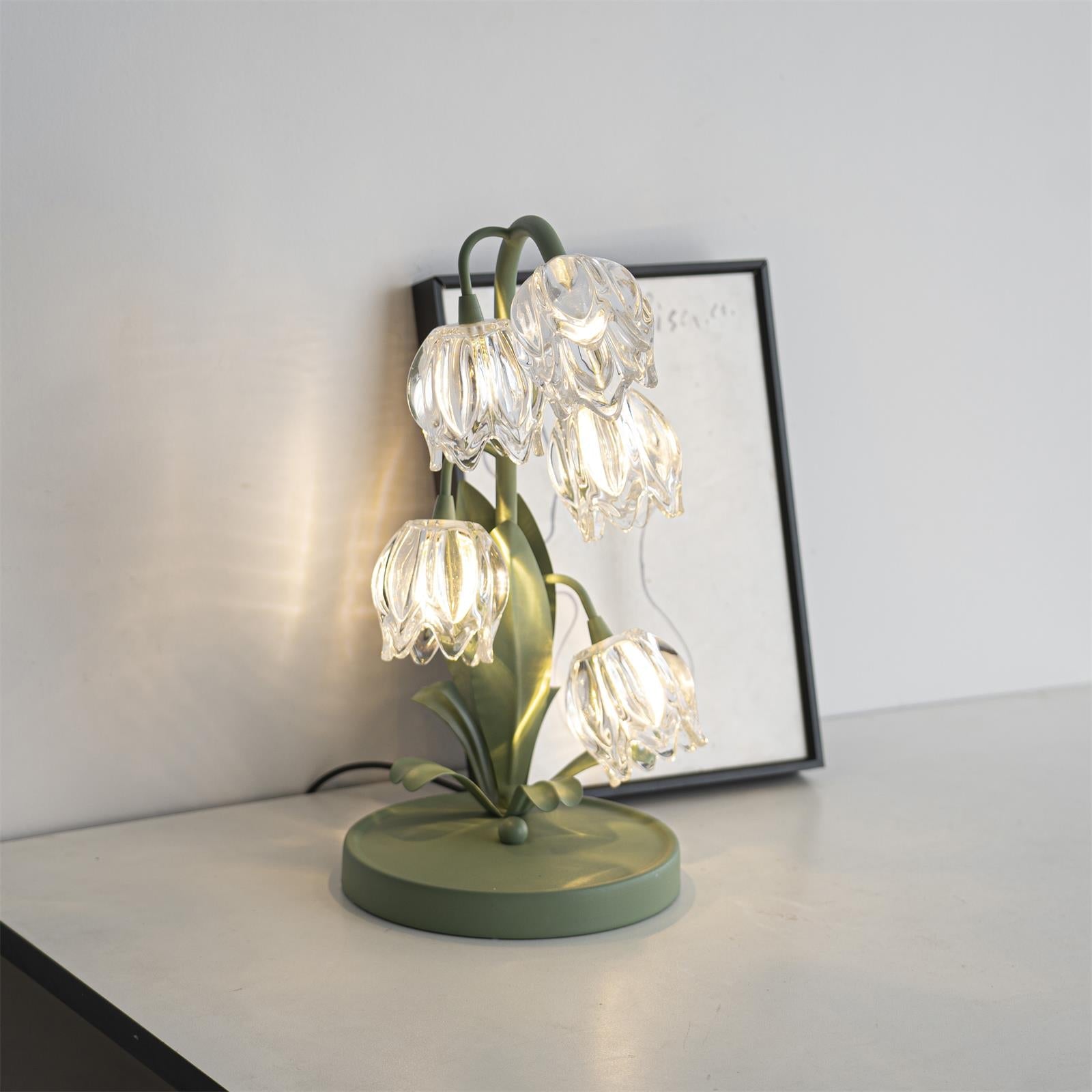 Norellea | Lampada da Tavolo in Vetro Floreale con Base Verde e Illuminazione G4
