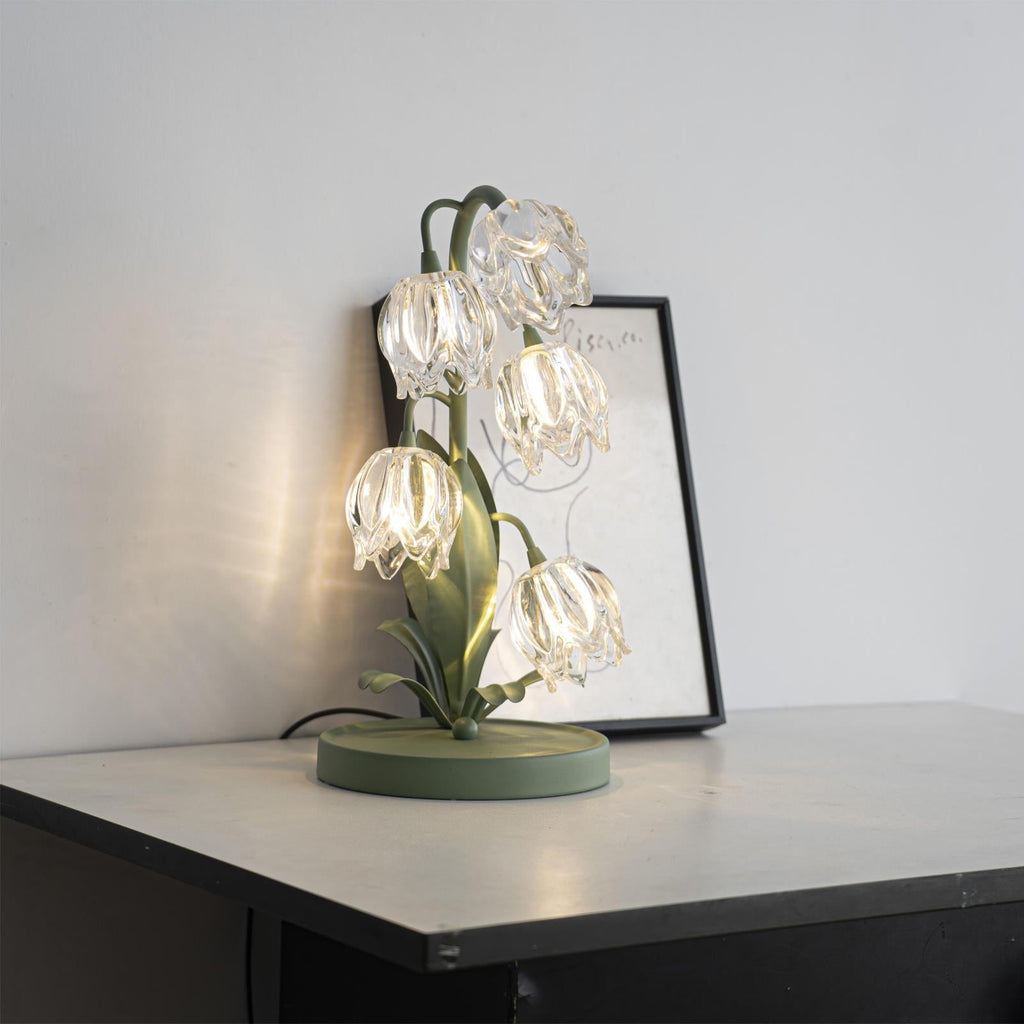 Norellea | Lampada da Tavolo in Vetro Floreale con Base Verde e Illuminazione G4