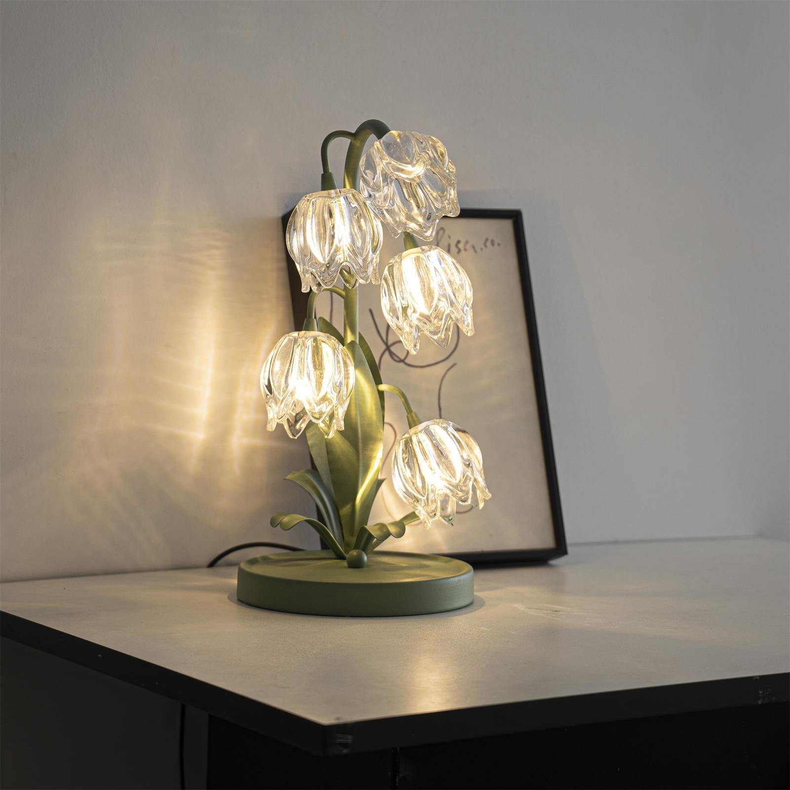 Norellea | Lampada da Tavolo in Vetro Floreale con Base Verde e Illuminazione G4