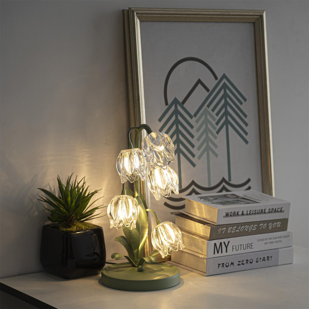 Norellea | Lampada da Tavolo in Vetro Floreale con Base Verde e Illuminazione G4