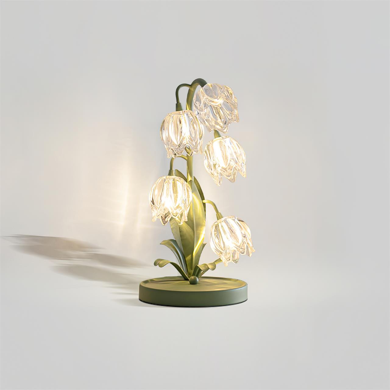 Norellea | Lampada da Tavolo in Vetro Floreale con Base Verde e Illuminazione G4