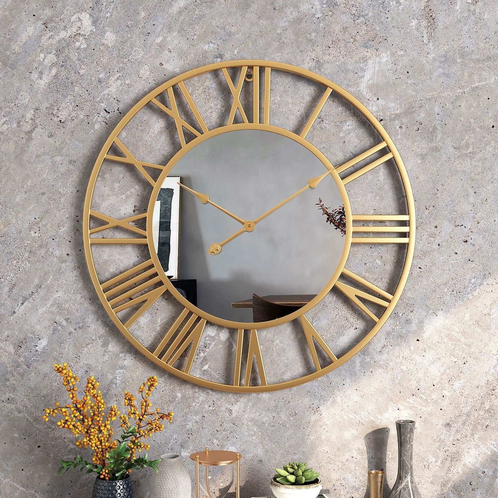Orologio da Parete in Metallo Vintage Grande con Specchio 39cm