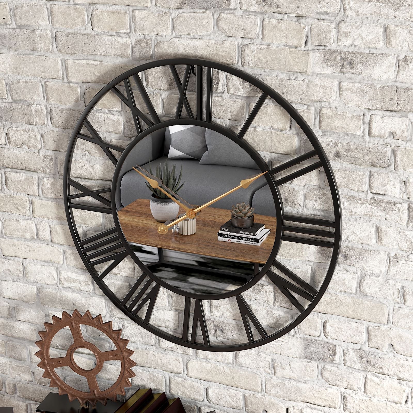 Orologio da Parete in Metallo Vintage Grande con Specchio 39cm
