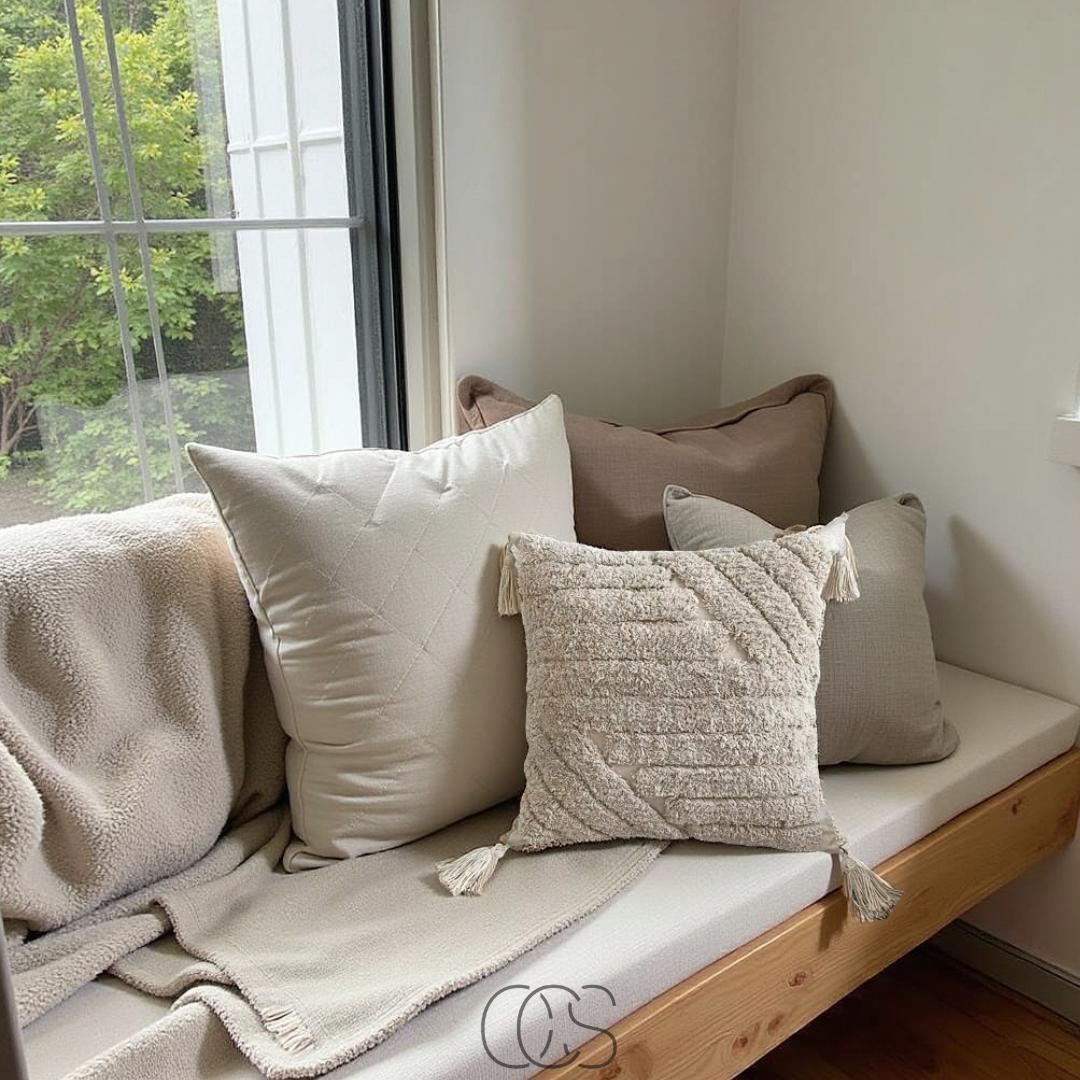 Cuscino Decorativo Beige con Texture e Frange