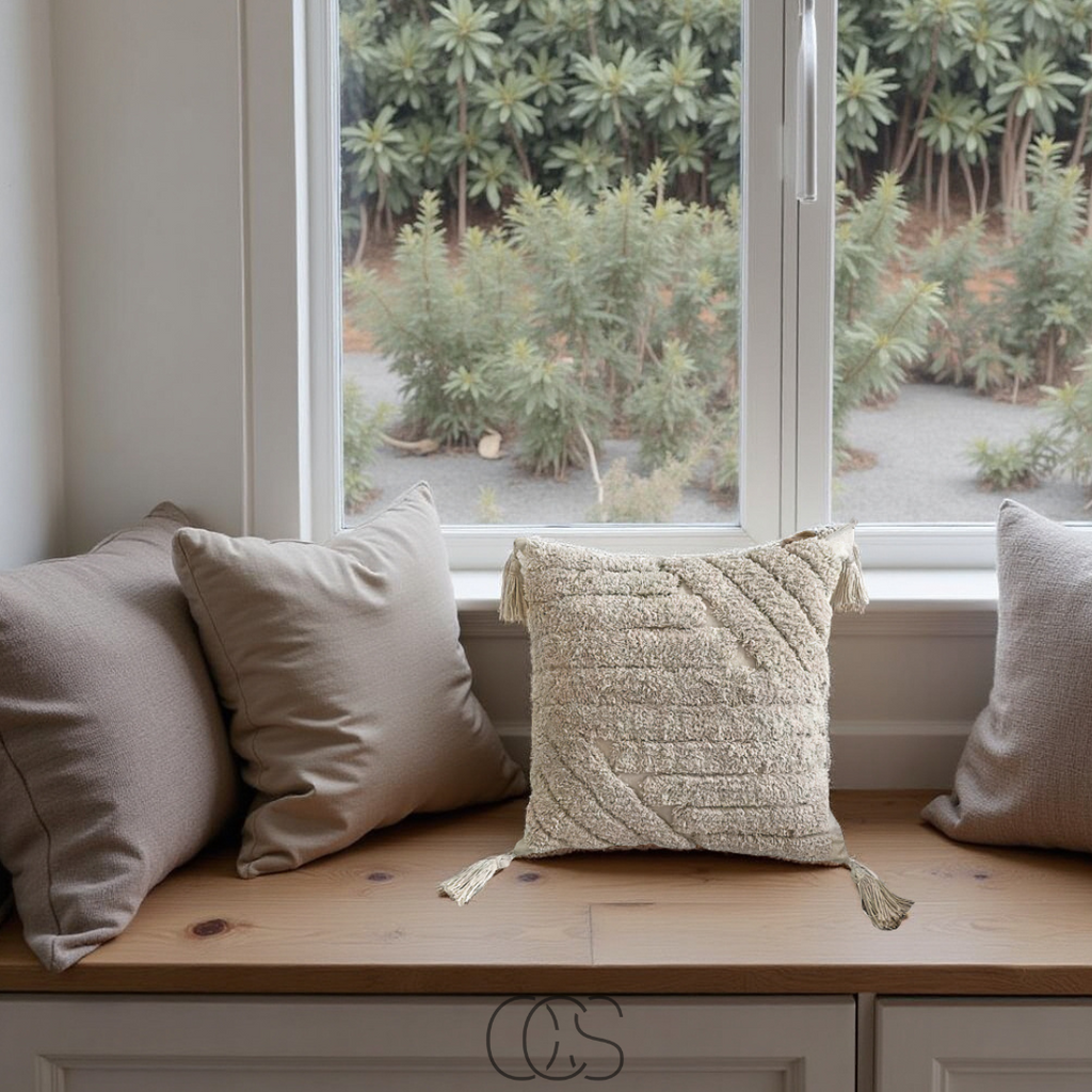 Cuscino Decorativo Beige con Texture e Frange
