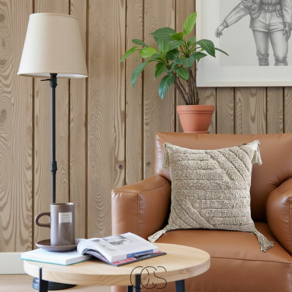 Cuscino Decorativo Beige con Texture e Frange