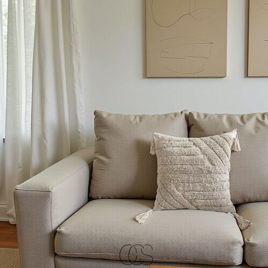 Cuscino Decorativo Beige con Texture e Frange