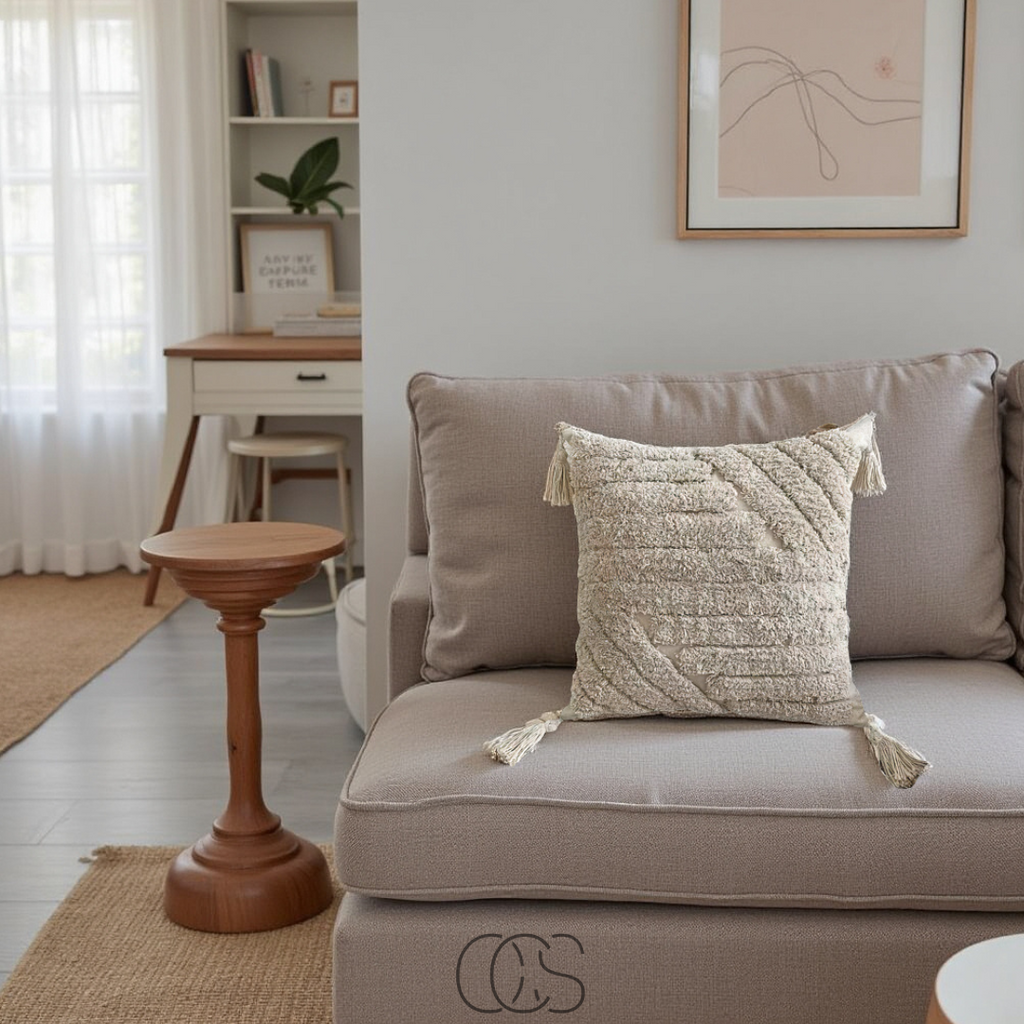 Cuscino Decorativo Beige con Texture e Frange