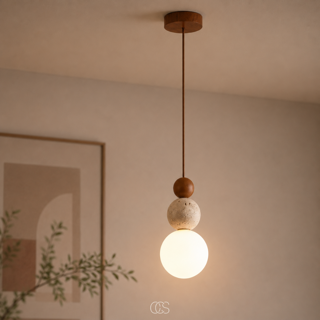 lampada a sospensione Globe Wabi-Sabi in Travertino - lampada di design minimalista con sfera di vetro