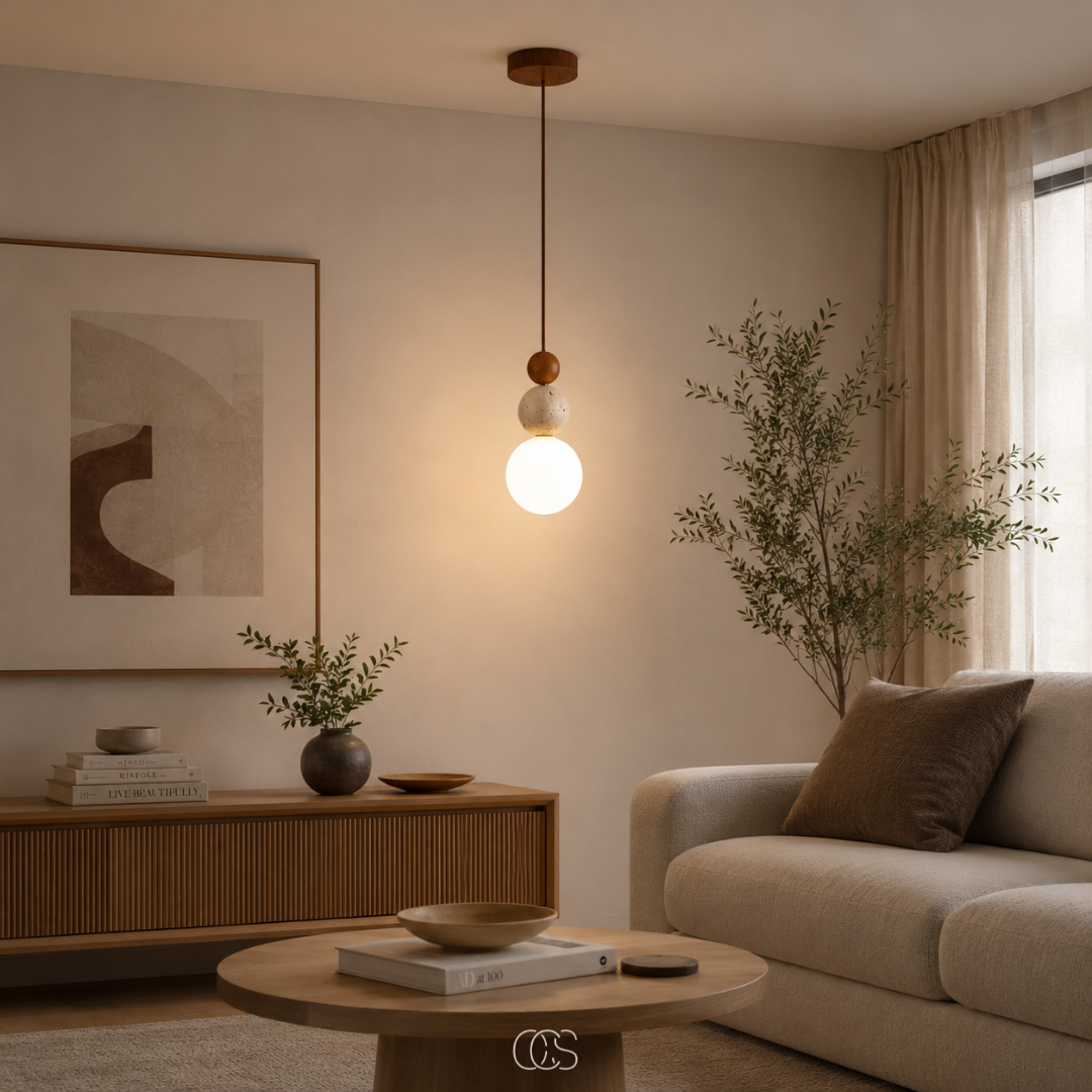 lampada a sospensione Globe Wabi-Sabi in Travertino - lampada di design minimalista con sfera di vetro