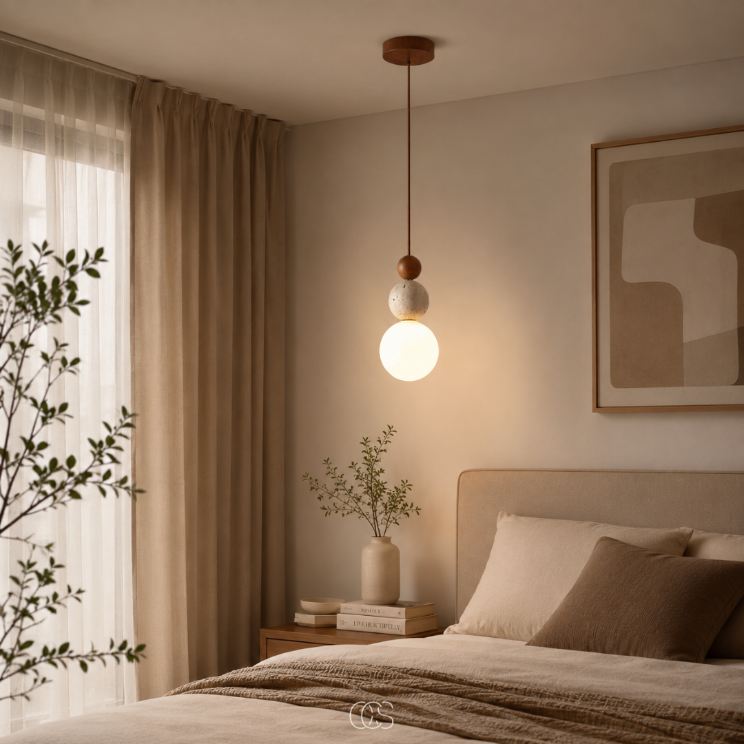 lampada a sospensione Globe Wabi-Sabi in Travertino - lampada di design minimalista con sfera di vetro
