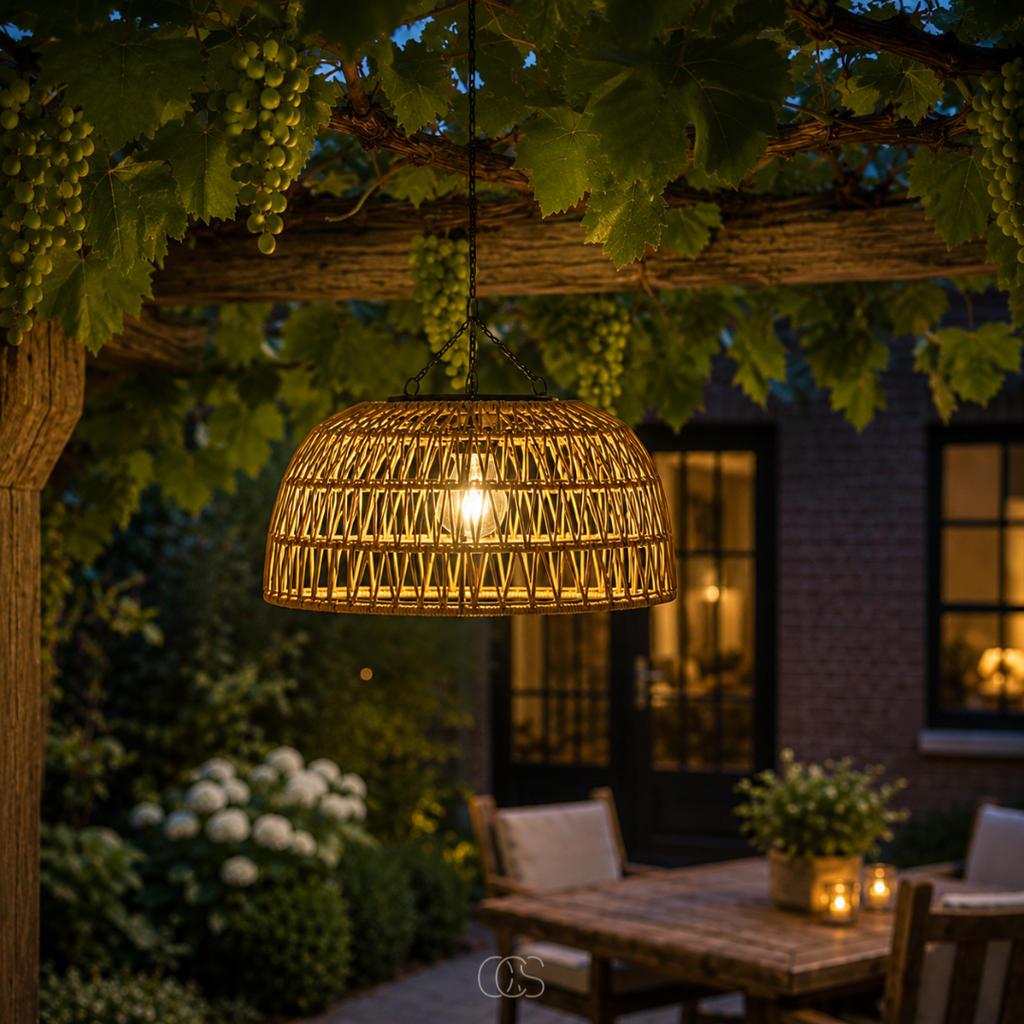 Lampada a sospensione in rattan solare - Lampada da esterno wireless con luce calda e suggestiva