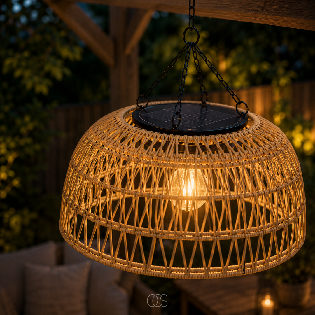 Lampada a sospensione in rattan solare - Lampada da esterno wireless con luce calda e suggestiva