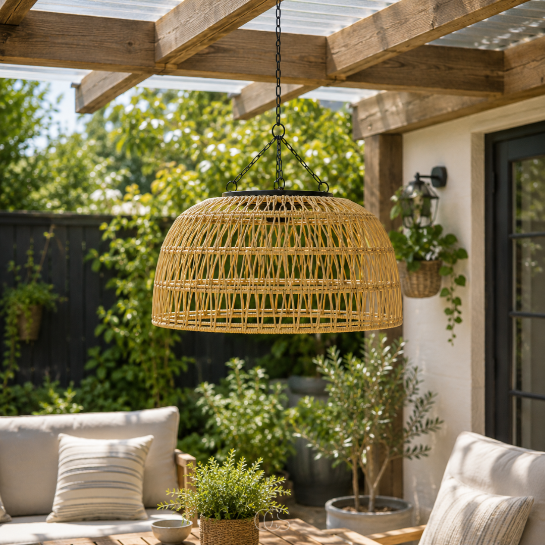 Lampada a sospensione in rattan solare - Lampada da esterno wireless con luce calda e suggestiva