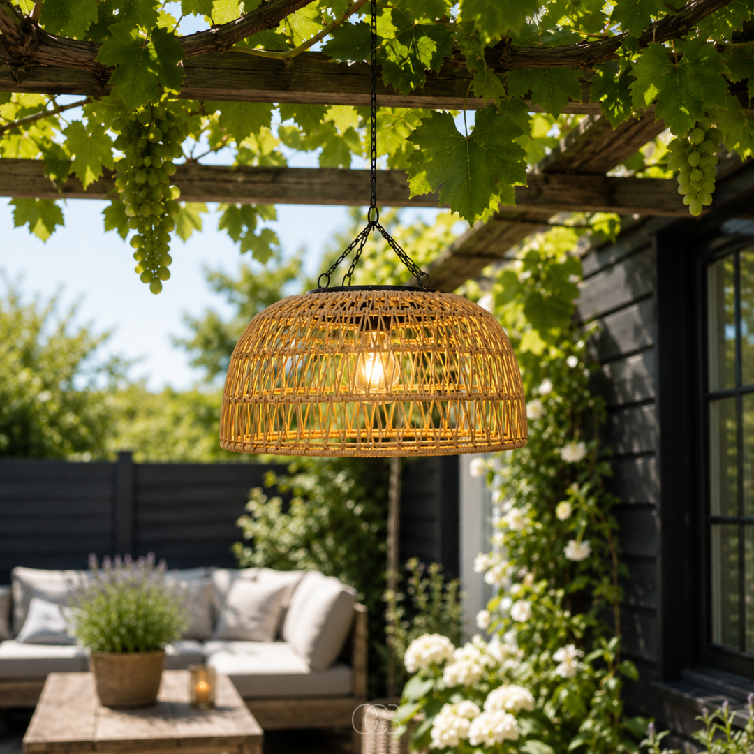 Lampada a sospensione in rattan solare - Lampada da esterno wireless con luce calda e suggestiva