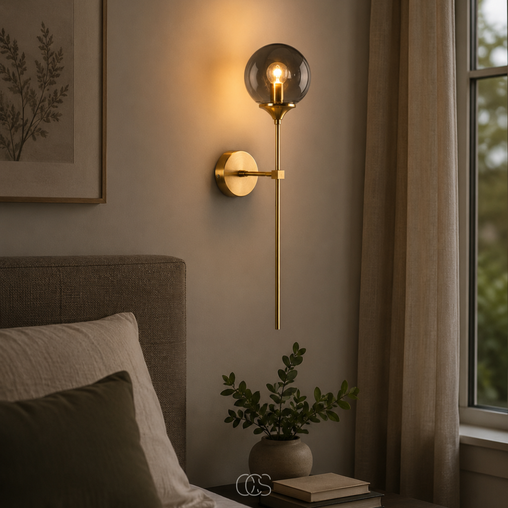 lampada da parete vintage dorata Itoy con sfera di vetro