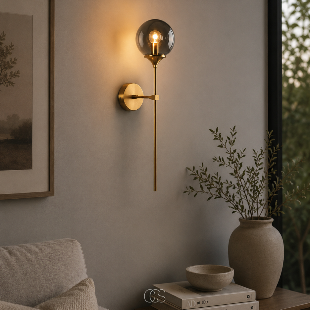 lampada da parete vintage dorata Itoy con sfera di vetro