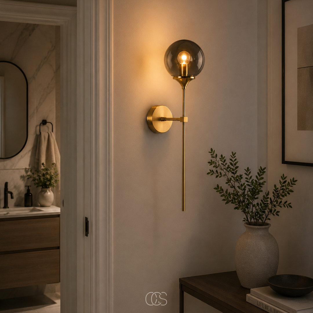 lampada da parete vintage dorata Itoy con sfera di vetro