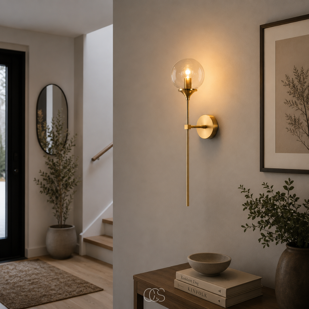 lampada da parete vintage dorata Itoy con sfera di vetro