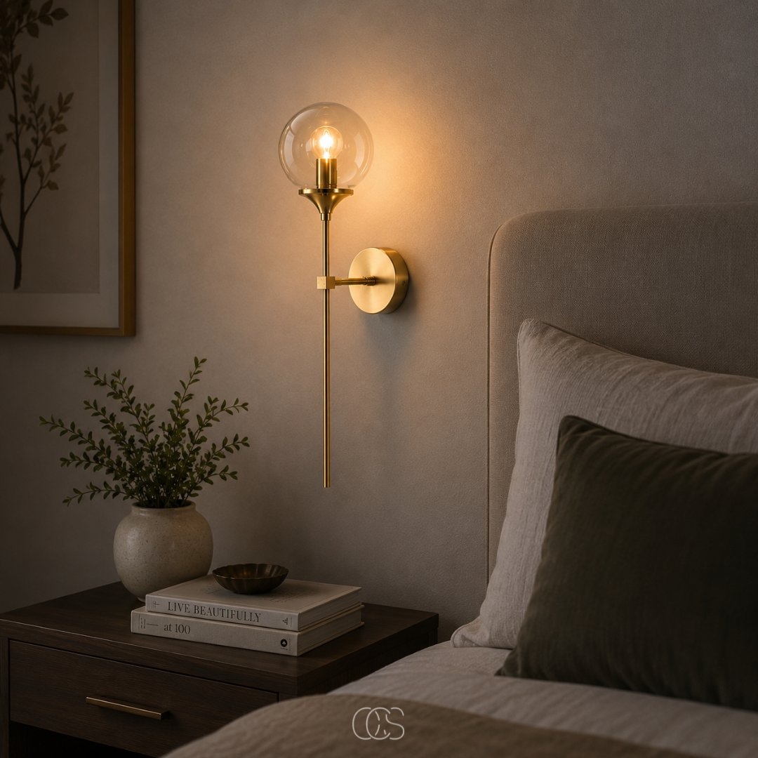 lampada da parete vintage dorata Itoy con sfera di vetro