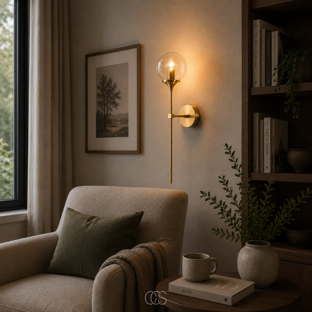 lampada da parete vintage dorata Itoy con sfera di vetro