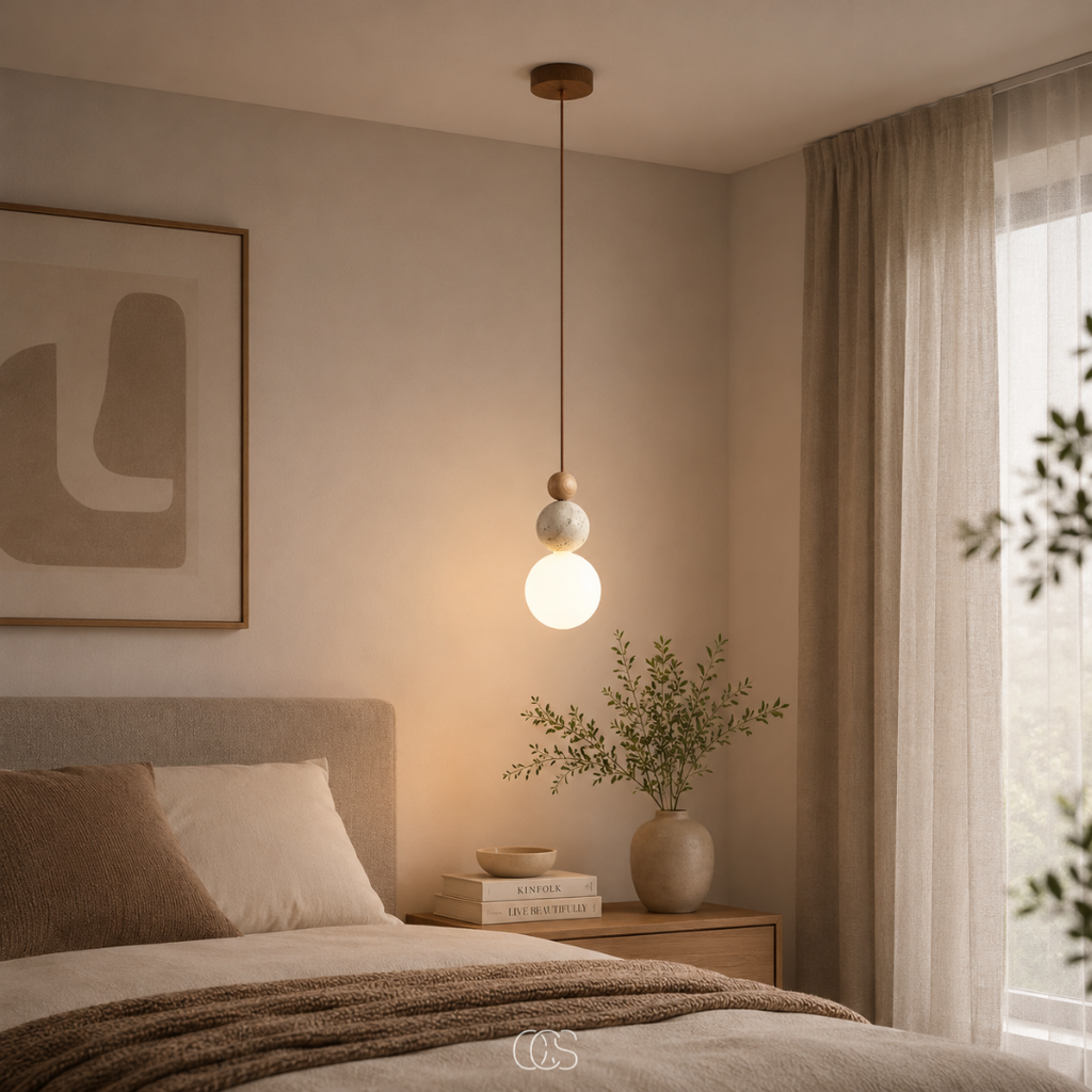 lampada a sospensione Globe Wabi-Sabi in Travertino - lampada di design minimalista con sfera di vetro