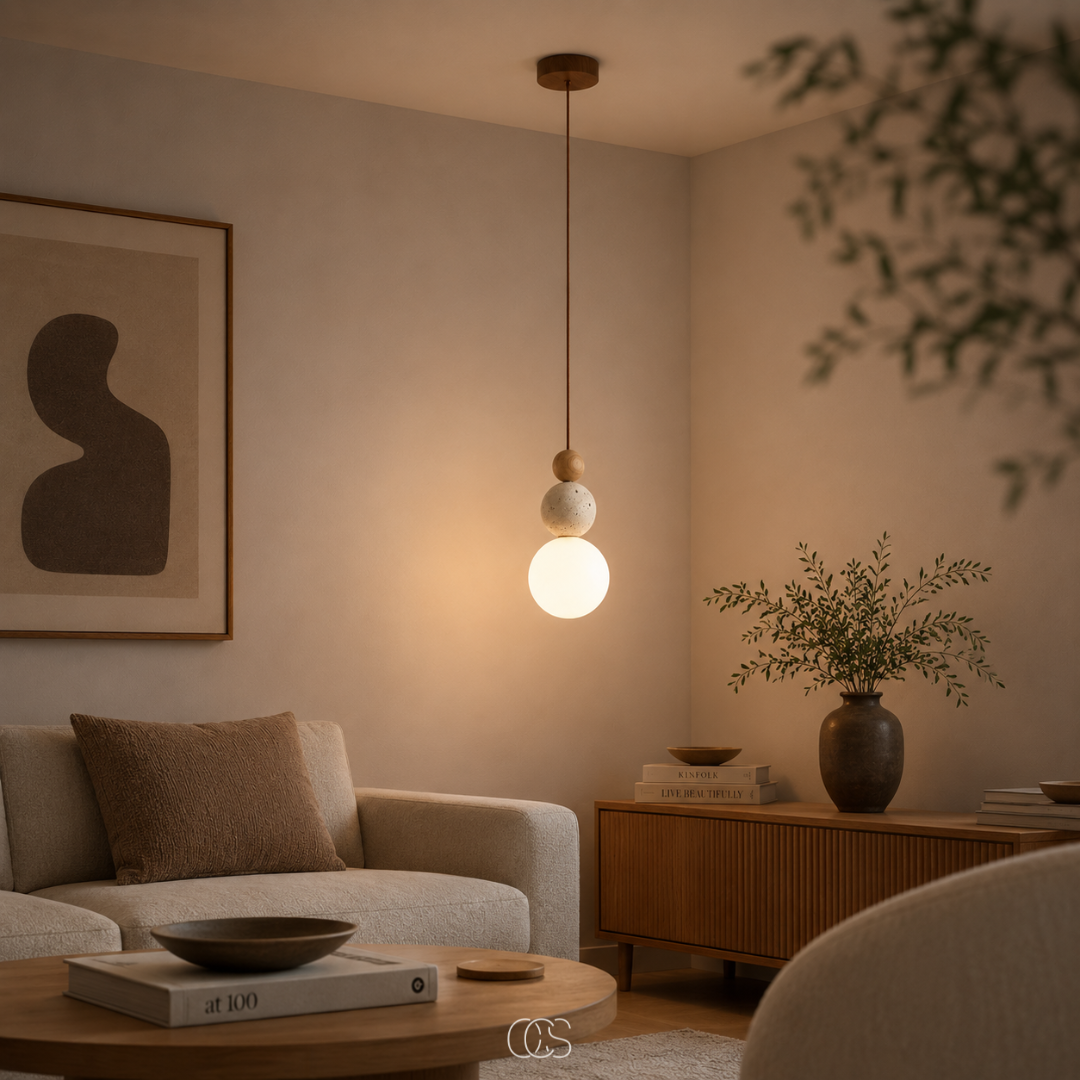 lampada a sospensione Globe Wabi-Sabi in Travertino - lampada di design minimalista con sfera di vetro