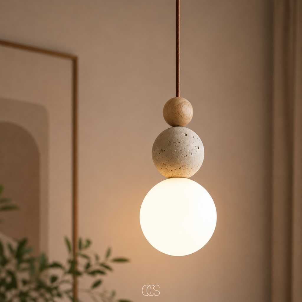 lampada a sospensione Globe Wabi-Sabi in Travertino - lampada di design minimalista con sfera di vetro