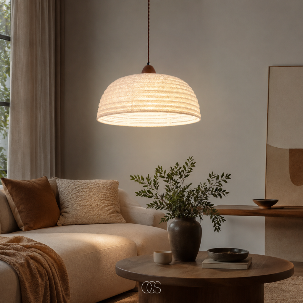 Lampada a Sospensione Trampa Japandi in Legno e Lino - illuminazione d'atmosfera calda