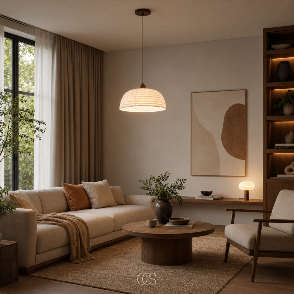 Lampada a Sospensione Trampa Japandi in Legno e Lino - illuminazione d'atmosfera calda