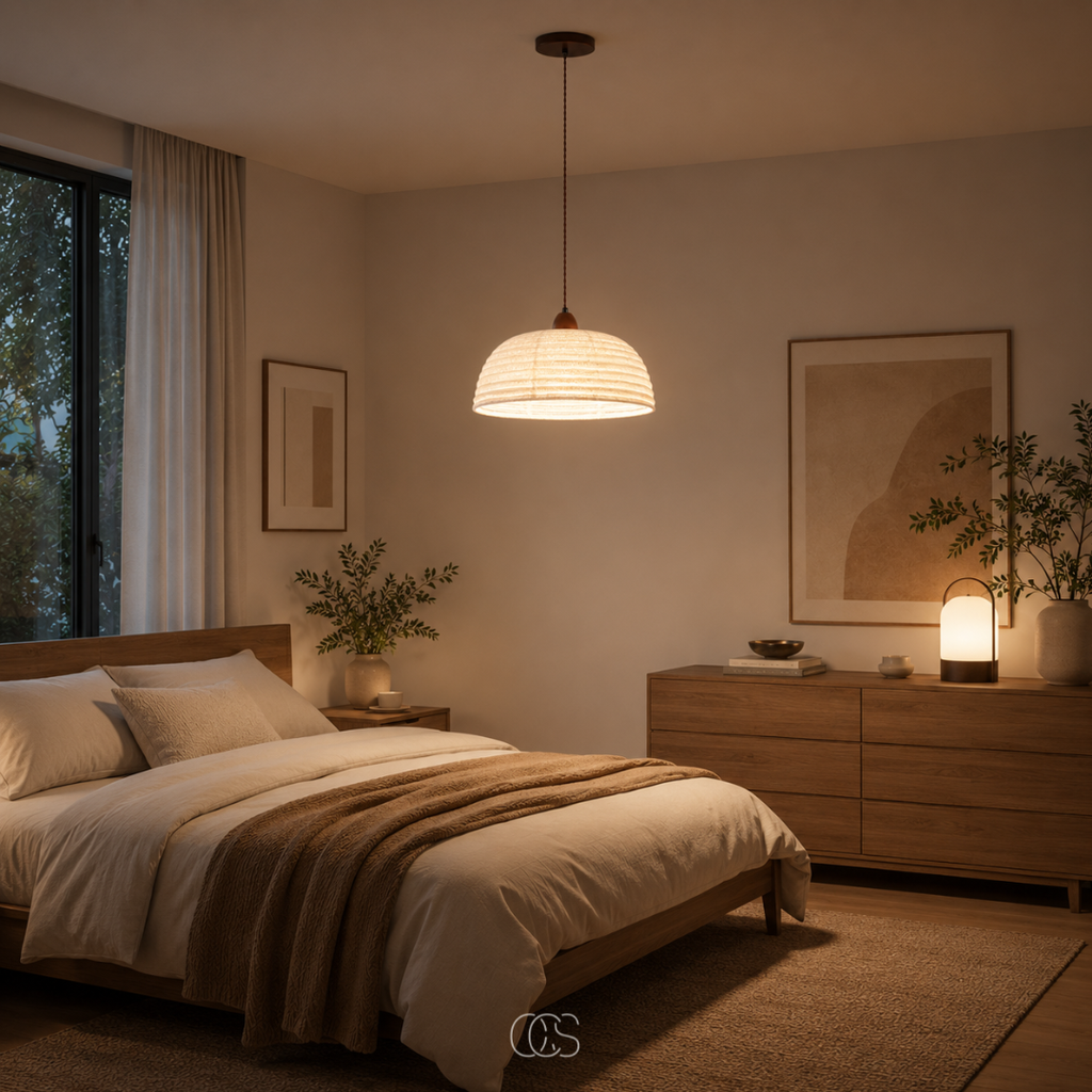 Lampada a Sospensione Trampa Japandi in Legno e Lino - illuminazione d'atmosfera calda