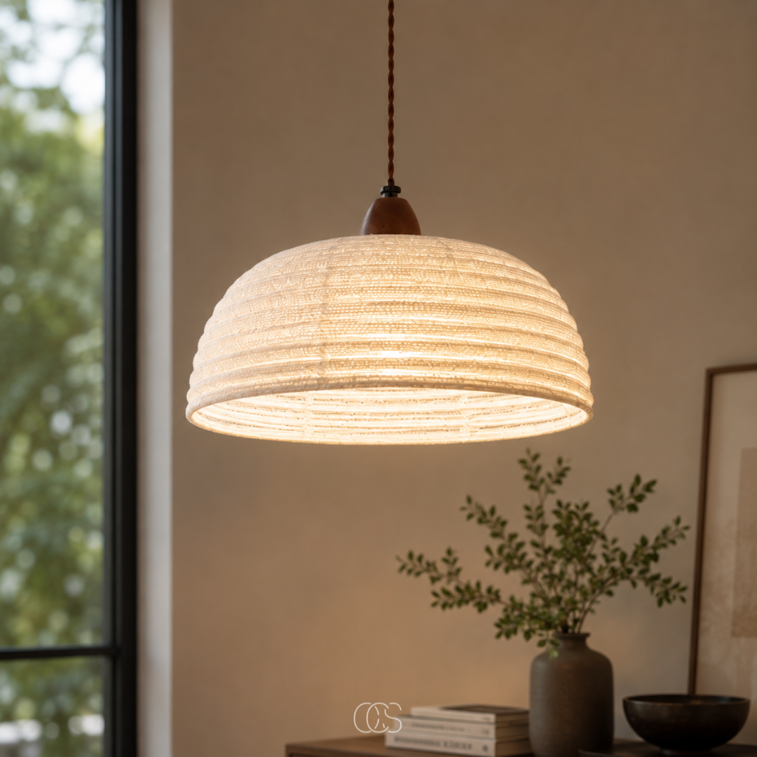 Lampada a Sospensione Trampa Japandi in Legno e Lino - illuminazione d'atmosfera calda